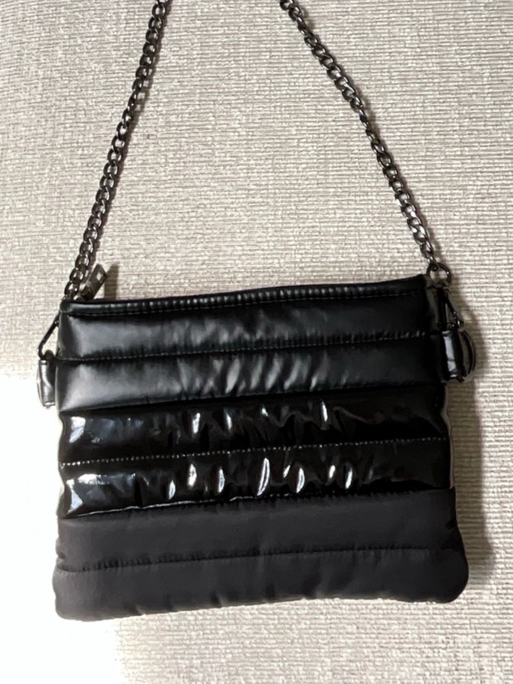THINK ROYLN Black Quilted Nylon Puffer Crossbody Bag Gunmetal Chain Removable